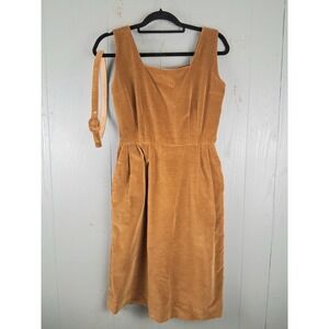 Vintage Handmade 50s Velour Cocktail Dress Belted Honey Color Block Pleats SMALL